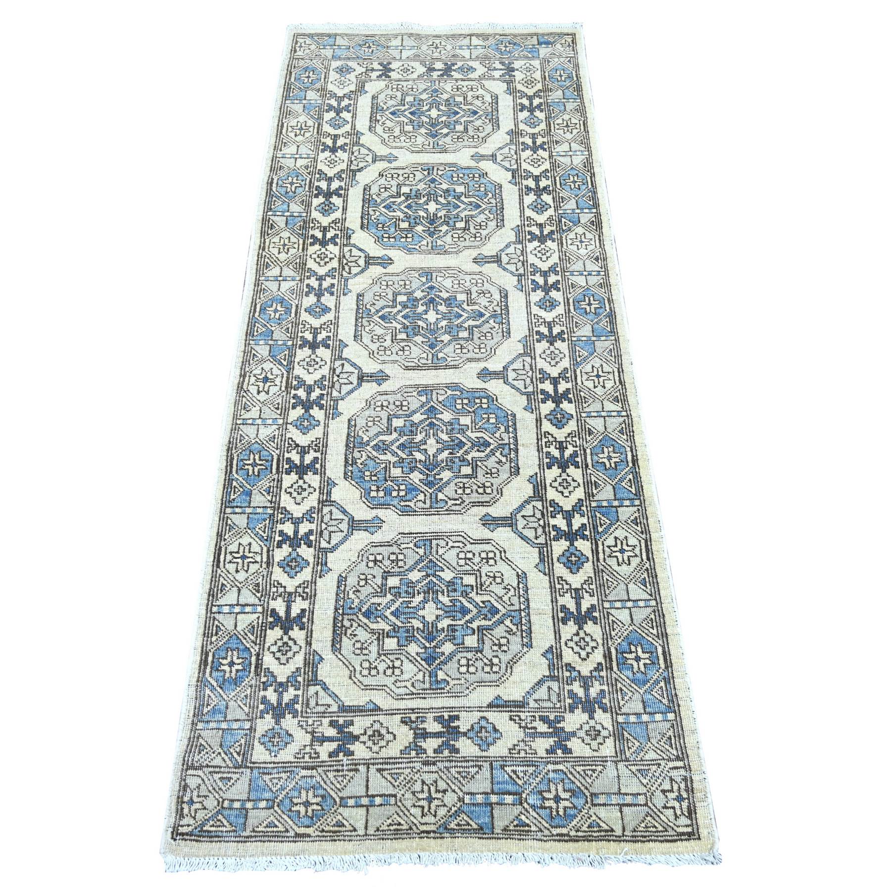 2'5"x6'1" Pearl White, Hand Knotted, Afghan Ersari with Elephant Feet Design, Natural Dyes, Denser Weave, Pure Wool, Runner, Oriental Rug 